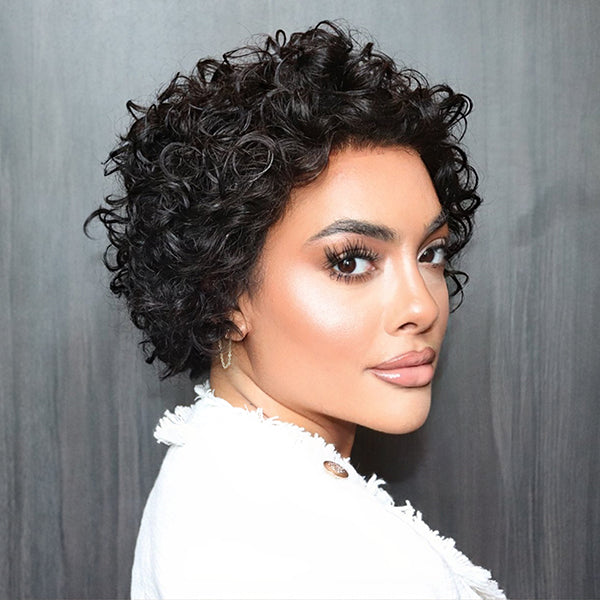 Slicked-Back Short Cut Curly Compact 13X1 Frontal Lace Wig 100% Human Hair
