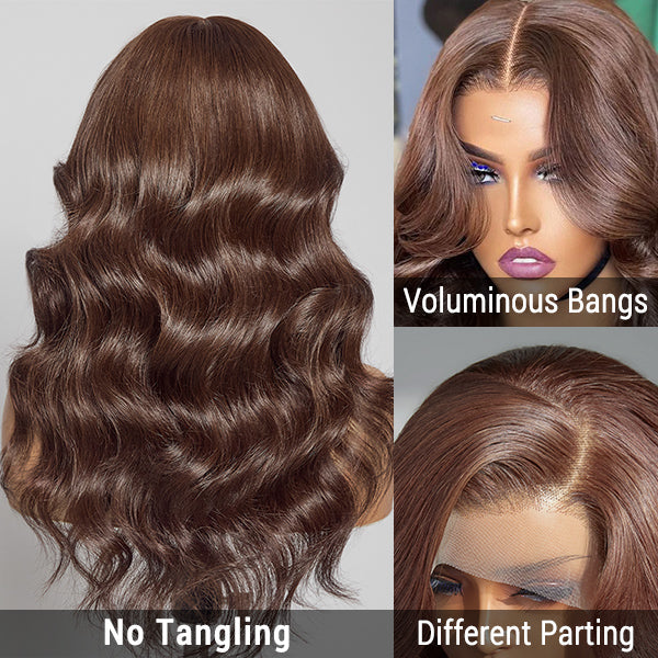 Layered Bangs Chestnut Brown Loose Wave 5x5 Closure Lace Glueless Mid Part Long Wig 100% Human Hair