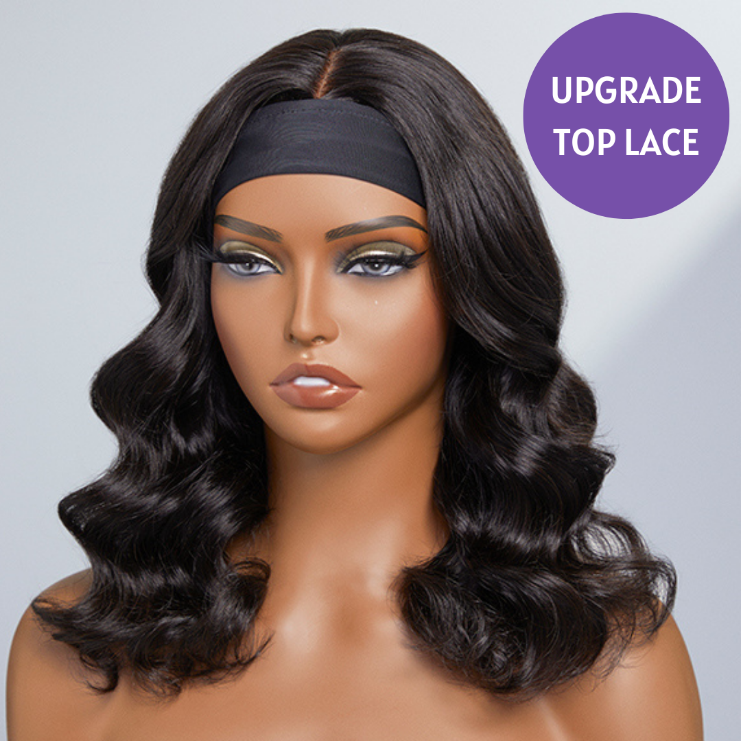 Realistic Natural Black Loose Wave No Lace Glueless Mid Part Headband Wig With Upgrade Top Lace 100% Human Hair