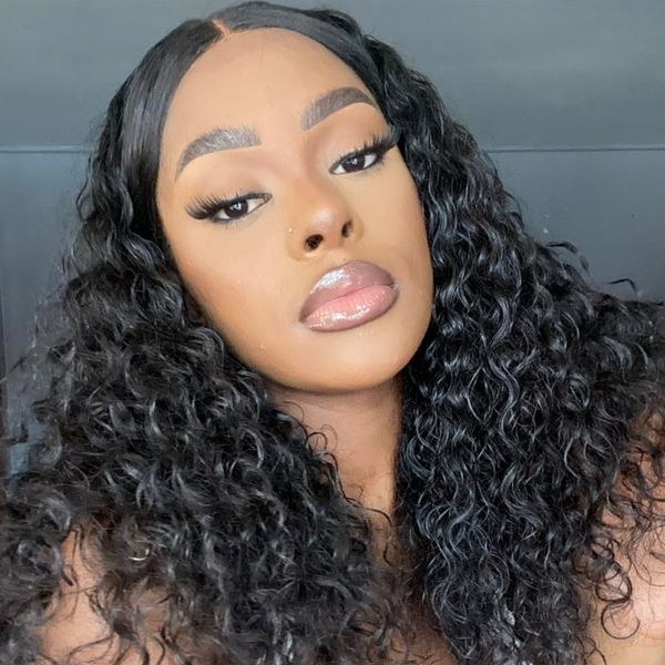 Leisure Style Water Wave 4x4 Closure Lace Glueless Mid Part Long Wig 100% Human Hair
