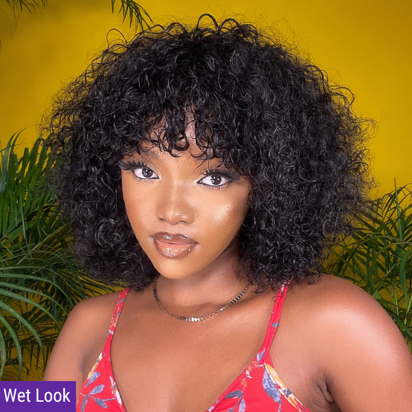 Beginner Friendly Water Wave Minimalist Lace Glueless Short Wig With Bangs 100% Human Hair