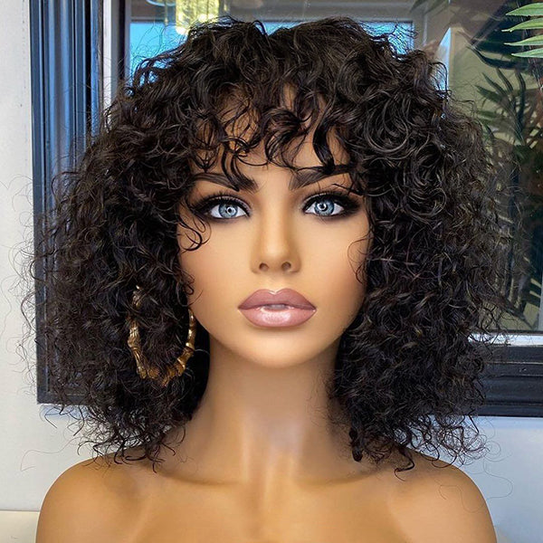 Throw On & Go Water Wave Minimalist Lace Glueless Short Wig With Bangs 100% Human Hair