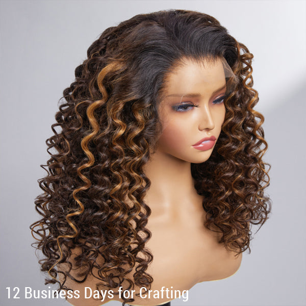 Limited Design | Brown Highlight Deep Curly 13x4 Frontal HD Lace Free Part Long Wig 100% Human Hair
