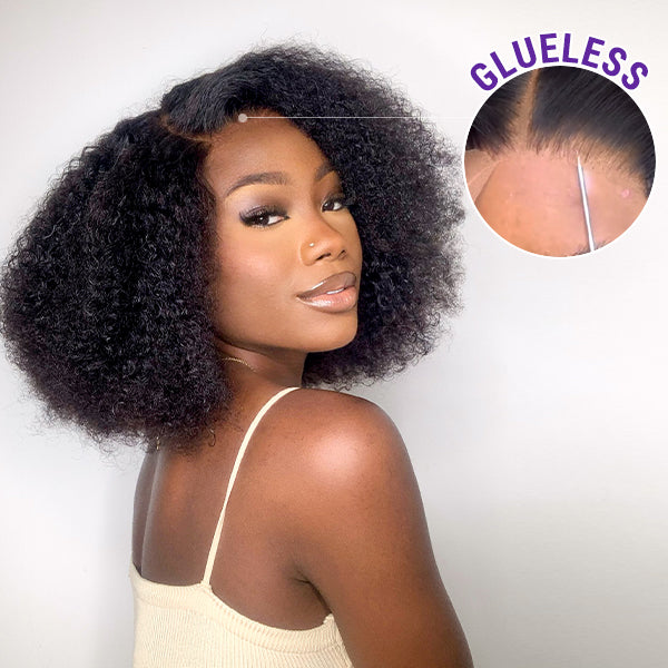 Realistic Afro Curly 5x5 Closure Lace Glueless C Part Short Wig 100% Human Hair
