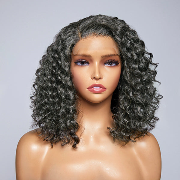Pre-plucked Glueless Salt and Pepper 4x4 Closure Lace Curly Bob Wig 100% Human Hair