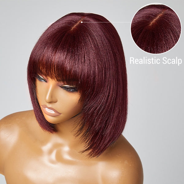 Flash Sale | Reddish Purple Layered Cut Yaki Straight Minimalist Lace Bob Wig With Bangs | Put On And Go