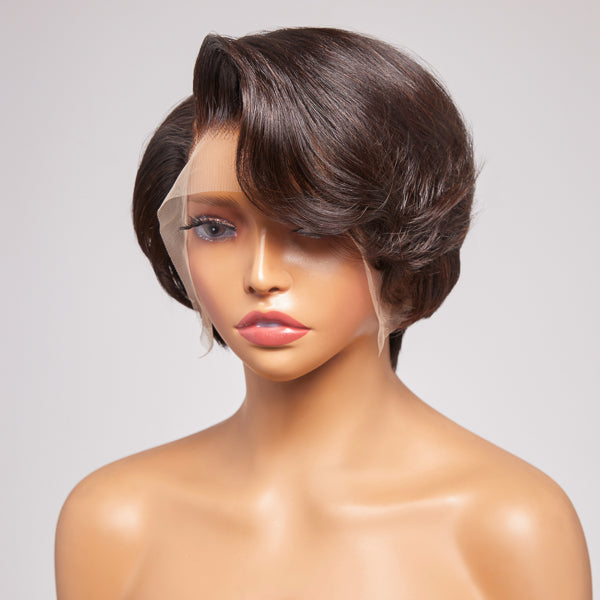 Limited Design | Mature Boss Natural Black Pixie Cut 13x4 Frontal Lace C Part Short Wig 100% Human Hair