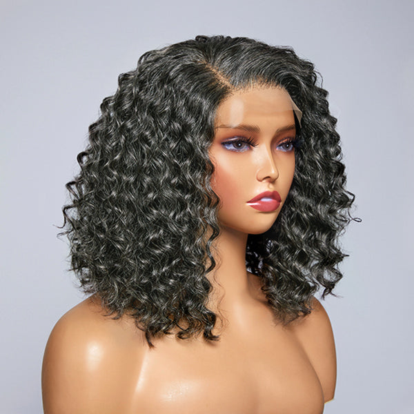 Pre-plucked Glueless Salt and Pepper 4x4 Closure Lace Curly Bob Wig 100% Human Hair