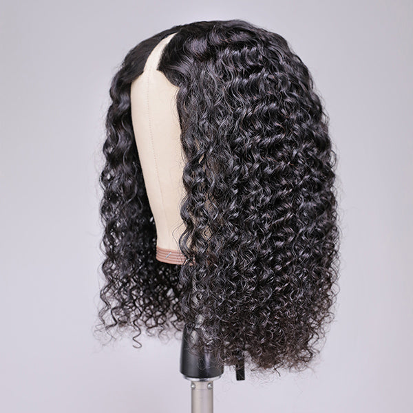 Beginner Friendly Deep Curly V Part Natural Scalp Glueless Mid Part Long Wig 100% Human Hair
