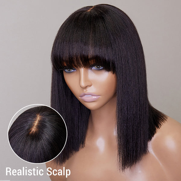 Put On And Go Realistic Glueless Yaki Straight Bob With Bangs Minimalist Undetectable HD Lace Wig 100% Human Hair