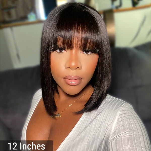 Put On And Go Realistic Glueless Yaki Straight Bob With Bangs Minimalist Undetectable HD Lace Wig 100% Human Hair