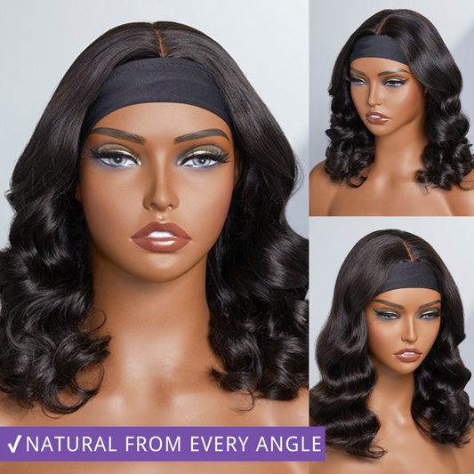 Realistic Natural Black Loose Wave No Lace Glueless Mid Part Headband Wig With Upgrade Top Lace 100% Human Hair