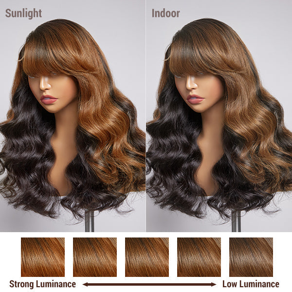 Brown Mix Black Loose Wave 5x5 Closure C Part Glueless Wig With Bangs 100% Human Hair
