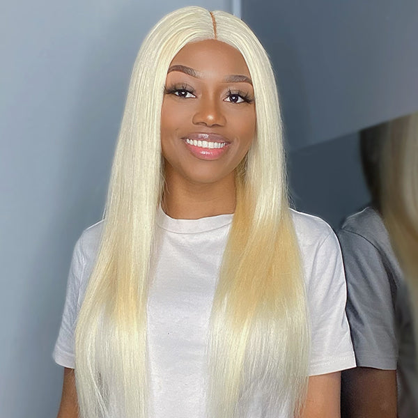 Blonde #613 Silky Straight 5x5 Closure Lace Glueless Mid Part Wig 100% Human Hair