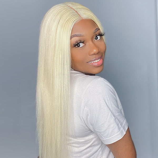Blonde #613 Silky Straight 5x5 Closure Lace Glueless Mid Part Wig 100% Human Hair