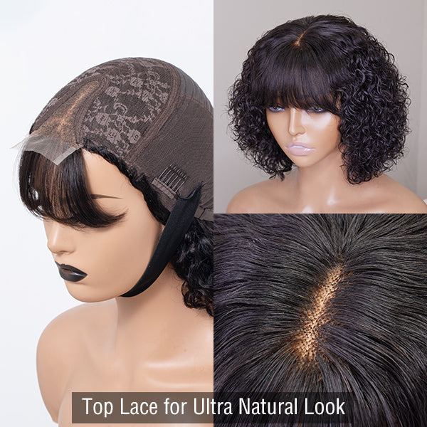 Short Cut Curly Minimalist HD Lace Glueless Wig With Bangs 100% Human Hair