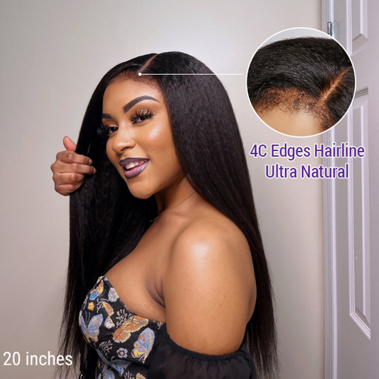 4C Edges | Kinky Edges Kinky Straight 5x5 Closure HD Lace Glueless Mid Part Long Wig 100% Human Hair
