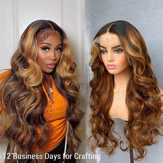 Limited Design | Honey Blonde Highlights Loose Wave 13X4 Frontal Lace Mid Part Long Wig 100% Human Hair