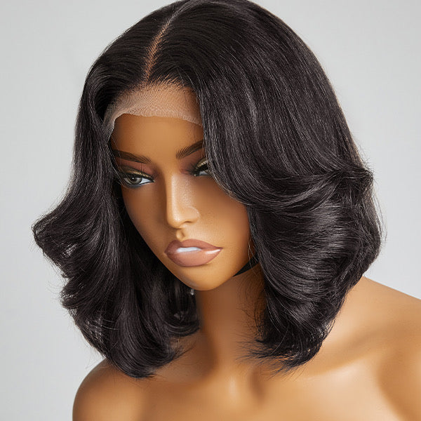 Limited Design | Natural Black Blowout Layered Haircut 4x4 Closure Lace Glueless Short Wig 100% Human Hair