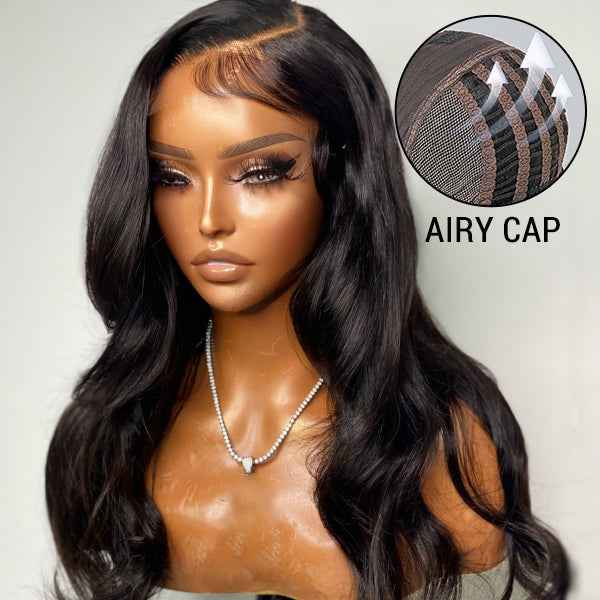 Airy Cap | Natural Black Loose Body Wave Compact 13x5 Frontal HD Lace Mid Part Long Wig 100% Human Hair