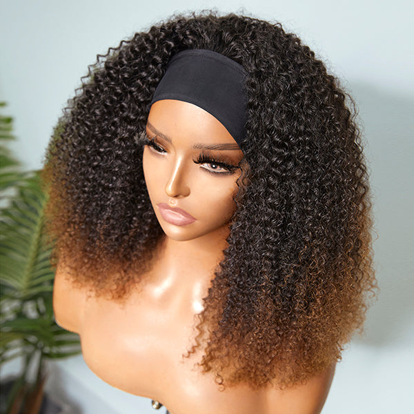 Black to Brown Ombre Jerry Curly No Lace Glueless Long Headband Wig 100% Human Hair (Get Free Trendy Headbands)
