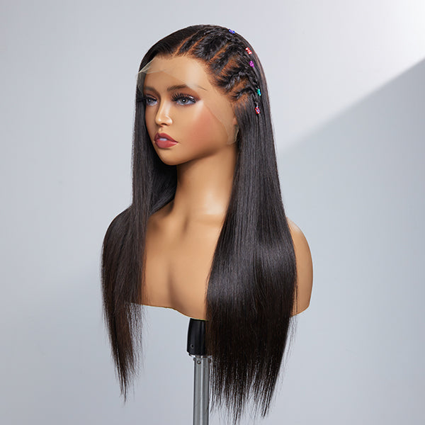 Limited Design | Natural Black Left Side Braids Straight 13x4 Frontal HD Lace Long Wig 100% Human Hair