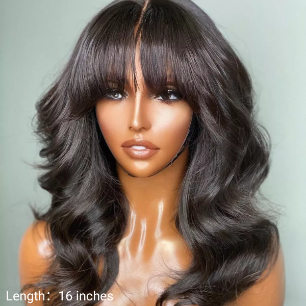 Loose Wave 5x5 Closure Lace Glueless Long Wig With Cute Bangs 100% Human Hair | Face-Framing