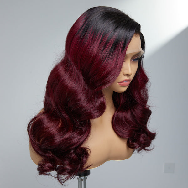 Trendy Ombre Burgundy Loose Wave 13x4 Frontal Lace Side Part Long Wig 100% Human Hair