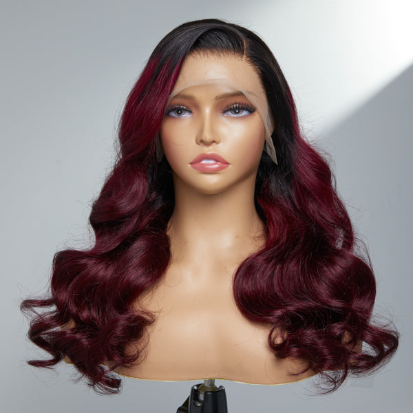 Trendy Ombre Burgundy Loose Wave 13x4 Frontal Lace Side Part Long Wig 100% Human Hair