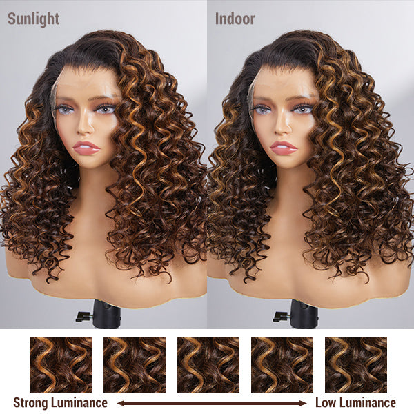 Limited Design | Brown Highlight Deep Curly 13x4 Frontal HD Lace Free Part Long Wig 100% Human Hair