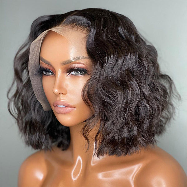 Summer Trendy Water Wave 13x4 Frontal Lace Mid Part Short Wig 100% Human Hair