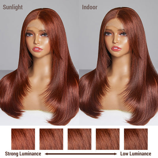 Limited Design | Reddish Brown Layered Silky Straight 5x5 Closure Lace Mid Part Long Wig 100% Human Hair