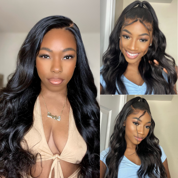 Airy Cap | Natural Black Loose Body Wave Compact 13x5 Frontal HD Lace Mid Part Long Wig 100% Human Hair