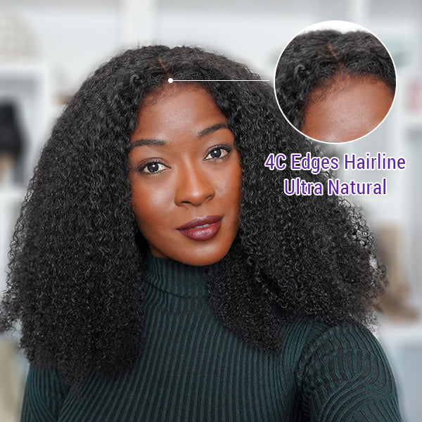 4C Edges | Realistic Kinky Edges Afro Curly 13x4 Frontal HD Lace Free Part Long Wig 100% Human Hair