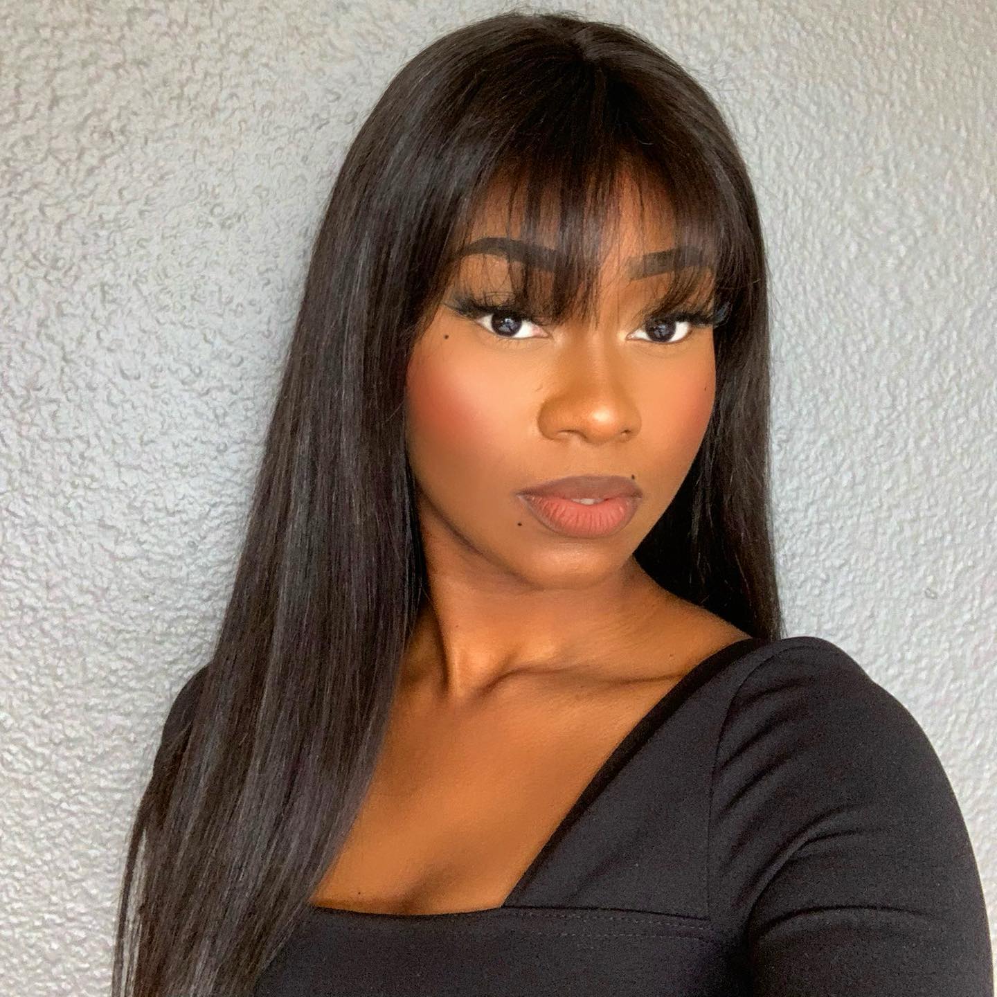 Throw On & Go Natural Black Straight No Lace Glueless Long Wig With Bangs 100% Human Hair