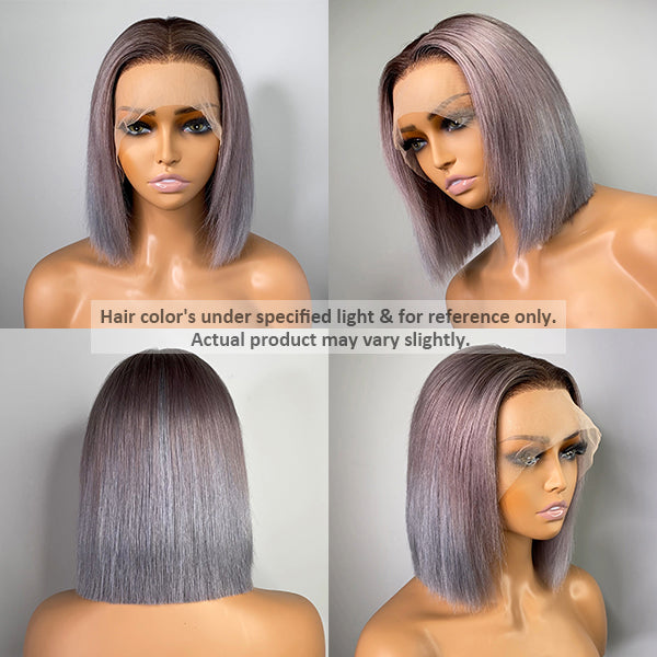Grey Color Bob Wig Middle Part Compact 13X4 Lace Frontal Lace Wig
