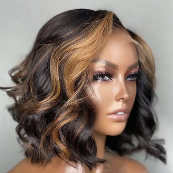Blonde Mix Loose Wave 5x5 Closure HD Lace Glueless Side Part Short Wig 100% Human Hair