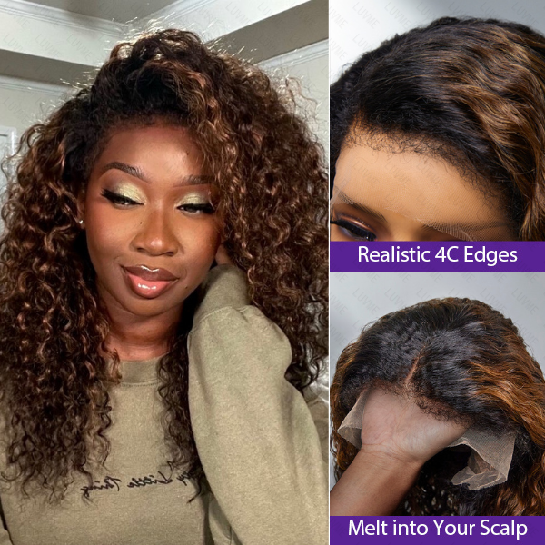 4C Edges | Kinky Edges Ombre Brown Deep Wave 13x4 Frontal HD Lace S Part Long Wig 100% Human Hair